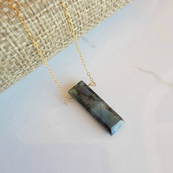 Labradorite Necklace Minimalist Crystal Gemstone Bar - Picture 3 of 7